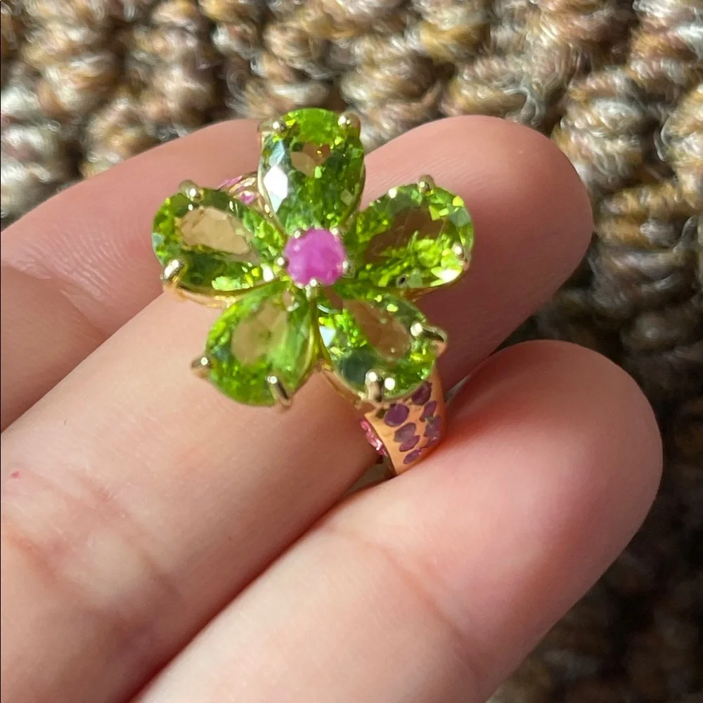 Fairycore Green Peridot Flower Ring with Pink Center - Women Jewelry